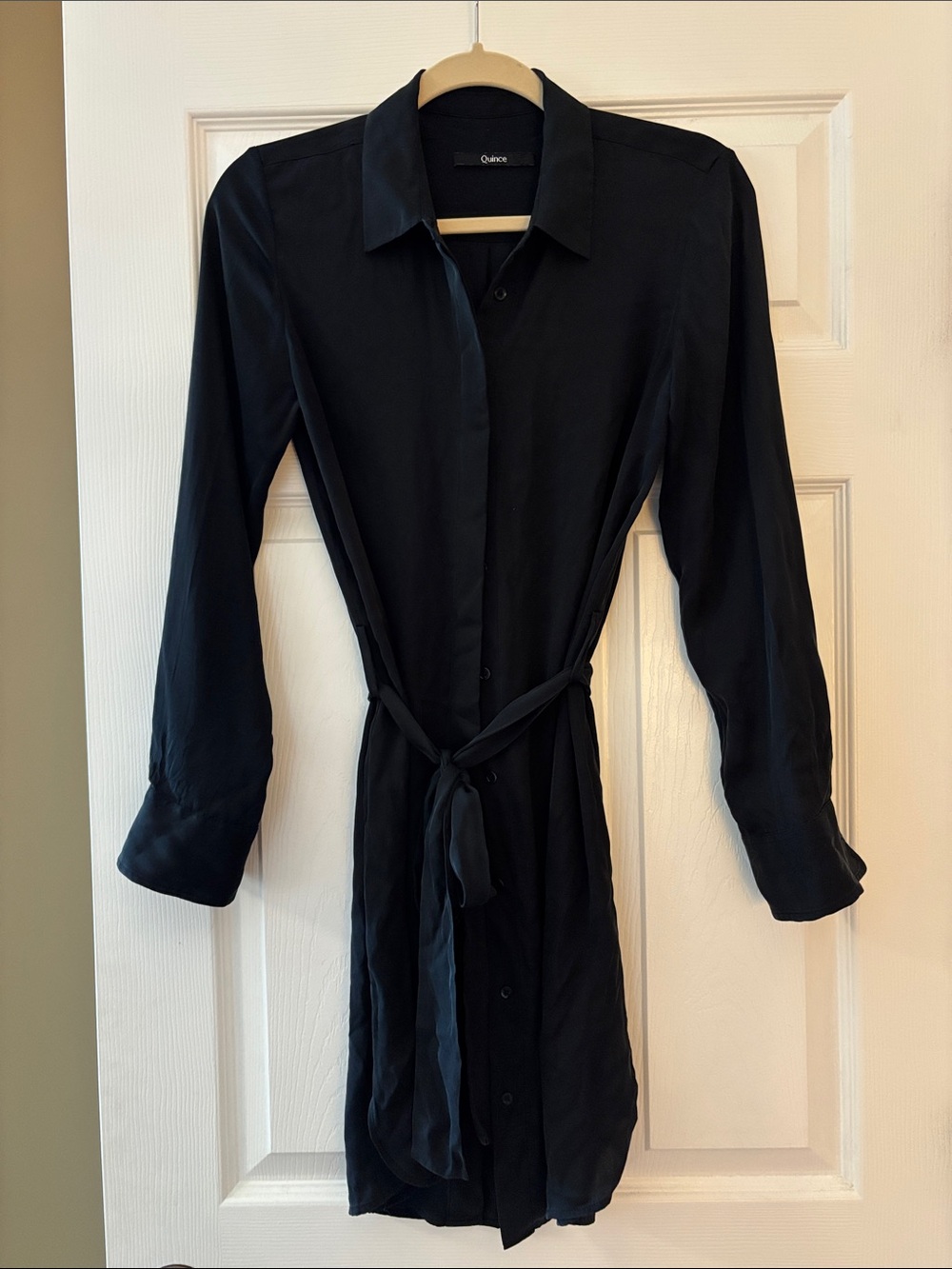 Quince Black Washable Silk Long-Sleeve Shirt Dress with Waist Tie